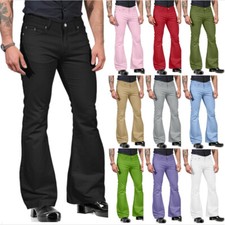 Mens Chino Trousers Regular Fit Jeans Cotton Stretch Solid Casual Flare Pants