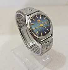 Vintage Orient Automatic 21 Jewels Day/Date Rare Blue Dial Mens Wrist Watch