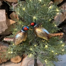 Set of 2 Painted Glass Pheasant Cli On Decorations Christmas Tree Vintage Style