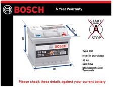 Car Battery S5001 Bosch 063 520A 52Ah 5Yr Warranty 207x175x175