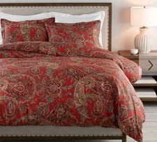 King Pottery Barn Caroline Paisley Duvet & 2 Shams Red Green Fall Winter Bedding