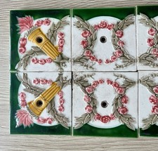 28x Small Antique Splashback Fireplace Tiles Moulded Majolica Belgium Hole LOT