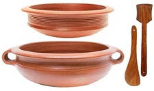 Terracotta Clay Pottery Mud Pot Earthen Handi Kadai Cooking Combo Red 2 L & 3 L