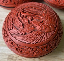 Vintage Chinese Carved Phoenix & Floral ￼ Cinnabar Round Trinket Box 2-5/8”