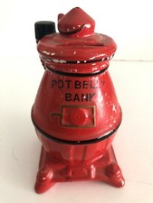 Vintage Red Ceramic Pot Belly Stove Coin Bank-Made In Japan