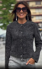 Zara Sequinned Denim Jacket ZW Collection Grey Rhinestone XS S M 4877/257 New