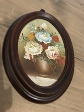 Victorian Wood Framed Oval Hand Painted Floral Still Life Painting OOAK  Roses