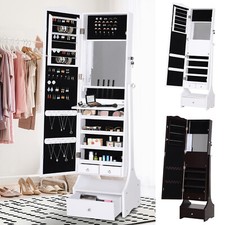 LED Long Mirrored Jewelry Cabinet Armoire Floor Standing Organizer w/ Lock