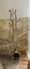 ANTIQUE BRASS FIRE TOOLS COMPANION SET PRINCE OF WALES FEATHER STONE BASE RARE