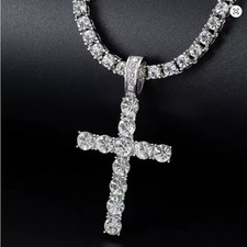 Silver Cross Pendant Tennis Chain Necklace Iced Out Rhinestone Unisex. L 45cm
