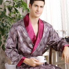 Mens Satin Silk Robe Long Dressing Gown Kimono Bathrobe Luxury Loungewear