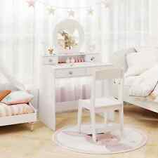 Kids Vanity Set Dressing Desk and Chair Set with Mirror-White