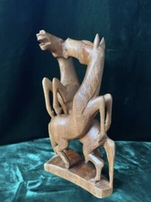 Vintage Hand Carved Pair Of Wooden Sparring Horses On Wooden Base Unique