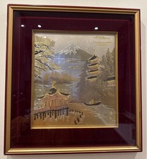 Chokin Framed Picture Japanese Gilded Copper Engraved Silver Gold Fuji san