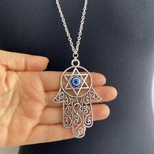 Large Tibetan Silver Lucky Evil Eye, Hamsa Hand 75*48mm, Long 30" Chain Necklace