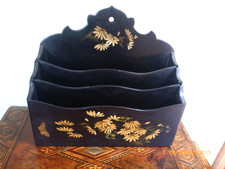 Antique Letter Rack Wall Mounted/Standing Victorian Papier Mache Black Floral