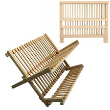 Foldable Wooden Dish Drainer Plate Cups Kitchen Utensils Storage Beech Wood Rack