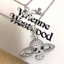 Vivienne Westwood Skull Orb Stone Double Chain Necklace Silver In Box G0236