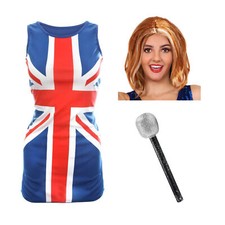 Ladies Union Jack Dress Wig Microphone 90's British Fancy Dress Costume