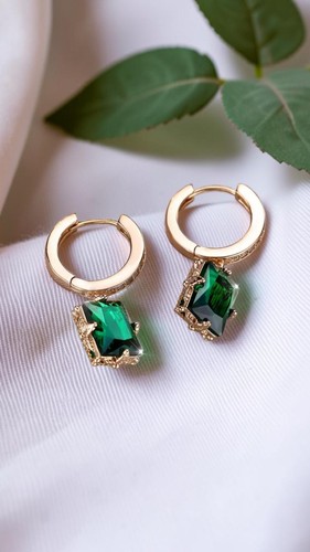 Gold emerald green square hoop - green,