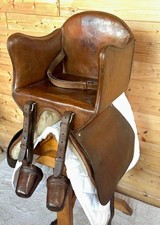 Rare Victorian Brown English Leather Surge Lined Chair Basket Saddle & Stirrups