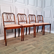 Antique Dining Chairs Set 4 Solid Wood Upholstered - Turned Legs - Regency Style