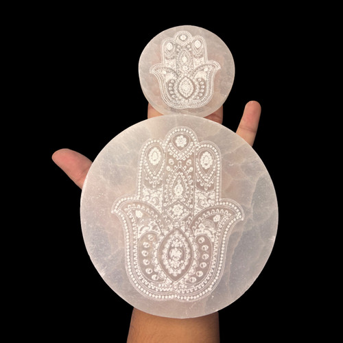 Selenite hamsa hand plate 8cm - hamsa,