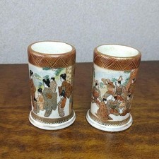 Antique SATSUMA Vase Pair Samurai Geisha Japanese Meiji Era Jar Signed 1.8 inch