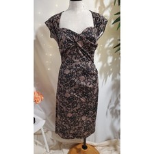 Vtg Stop Staring Lace Print Open Bow Back Wiggle Dress Size L Pinup Coquette