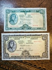 LADY LAVERY IRISH BANKNOTES 5 & 1 POUND NOTES 1973 1972 IRELAND PUNT OLD MONEY
