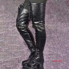 Women Thigh High Boots Patchwork Low Heel Boots Over The Knee Shoes Club Lace Up