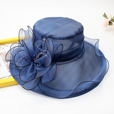 Elegant Women's Organza Flower Wide Black Brim Hat Summer Beach Wedding Sun Hat