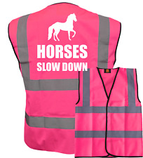 HORSES SLOW DOWN HI VIS PINK VEST WHITE TEXT, WAISTCOAT, EQUESTRIAN HORSE RIDING