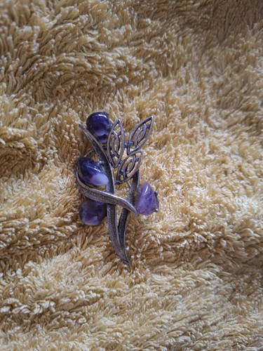Silver plated amethyst brooch - silver,