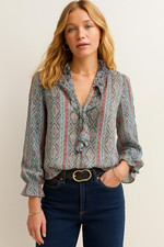 Zara-- sheer paisley print ruffle  with frills blouse top - Size Small