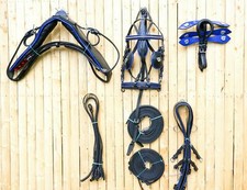 Full Size Black Horse Patent Leather Driving Harness Set Black With Blue Trim