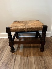 Vintage Woven Rush Seat Wooden Stool Farmhouse Footstool Rustic Accent Furniture