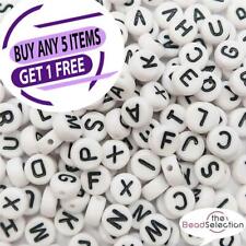 100 ALPHABET ACRYLIC BEADS WHITE 7mm FLAT ROUND SINGLE & MIXED LETTER A - Z 