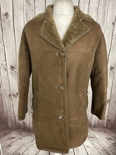 Vintage Ladies Sheepskin Sherpa Shearling Wool Coat Overcoat Retro Tan Brown