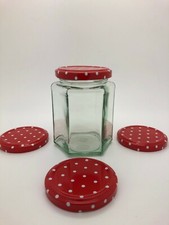 Hexagonal Glass Jam Jar 12oz - red spotty 63mm lids, preserves, candles, honey