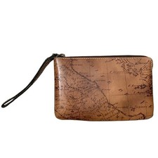Patricia Nash Brown Map Print Cassini Leather Wristlet / Clutch Purse