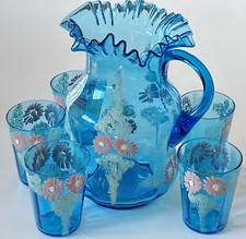 Antique Victorian Blue Daisy Glass Hand Painted Lemonade Set Pitcher 5 Glasses