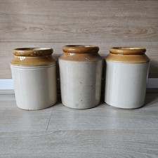 3 Vintage Rustic Salt Glazed Stoneware Kitchen Storage Preserve Jars Utensil