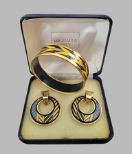 Michaela Frey Vintage, Signed Wide Enamel Bracelet & Earrings Set, Blue & Yellow