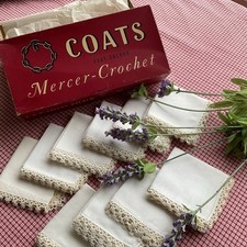Vintage Ladies Hankies x 10 with Crochet Tatted Borders + COATS Mercer BOX