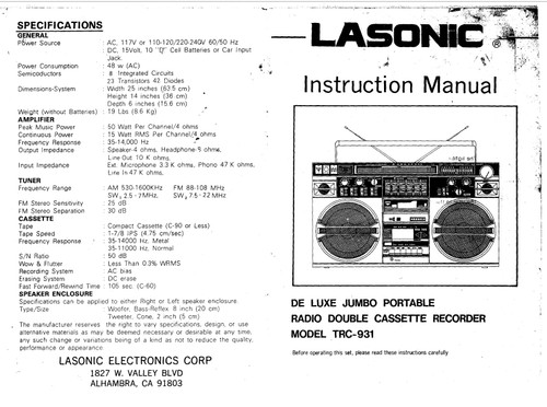 Lasonic trc931 boombox - , owner