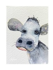 Aceo By Kenna Painting Original HP Watercolour Cow  2.5” X 3.5”