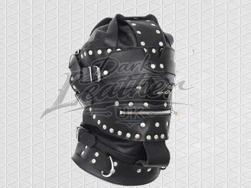 Studded leather bondage - leather, hood