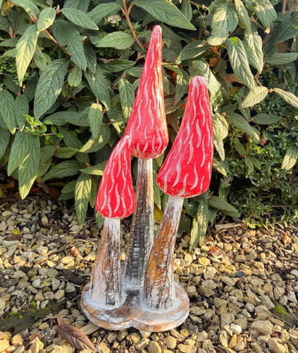 Red wooden carved mushrooms - wooden,
