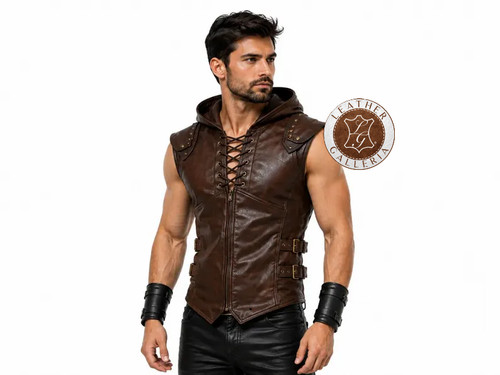 Men brown leather hooded - leather,